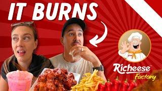 Foreigners Eat Richeese Factory Level 5 Fire Wings  Indonesia Vlog