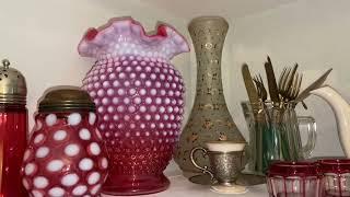 Corner Cabinet #2 Collections- Cranberry glass mother of pearl & more #thriftedfinds