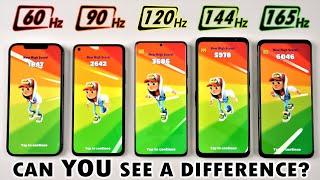 Slow Motion 165Hz vs 144Hz vs 120Hz vs 90Hz vs 60Hz - Smartphone Screen Refresh Rate Comparison