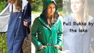 Blonde girl in Rukka rainwear and Hunter wellies wet in the rain