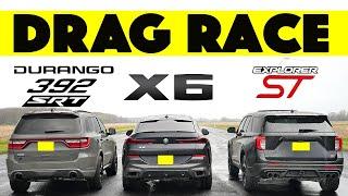 Ford Explorer ST Races BMW X6 and Dodge Durango SRT 392 things get wet. Drag and Roll Race.