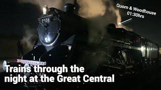 Trains through the night at the Great Central Railway Quorn and Woodhouse station.