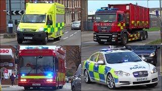 Specialist Fire Trucks Police Cars and Ambulance vehicles responding with siren and lights