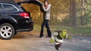 Shrek Exits Car Enters Leaf Pile