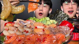 ASMR MUKBANG ทะเลดองแบบจัดเต็ม  กุ้งดอง แซลมอนดอง โฮตาเตะดอง หมึกดอง แมงกะพรุนดองแบบจุกๆล้นถาด