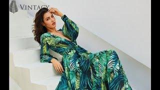 Vintacy платье с длинным рукавом зеленый тропический пляж Винтаж Макси платья Boho повседневное