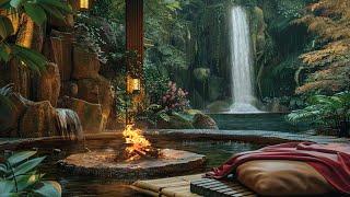 Zen Garden On Rainy DaySerenity with Warm Bonfire Stream and Waterfall - Meditation Relaxation