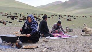 Shepherd Mother Collecting Natural Mushrooms and Cooking in the Nature Village life in Afghanistan