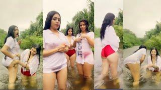 Red panty girl and her friends bathing in river  Out door bathing 