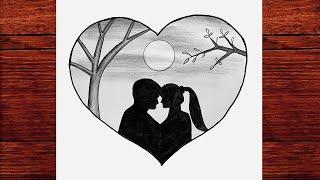 Kalp Resmi ve Sevgili Çizimi - Manzara ve Sevgili Nasıl Çizilir - Karakalem Sevgili Çizimleri 2022