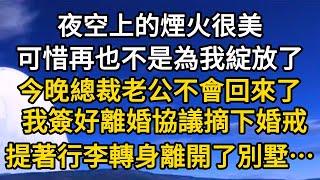 夜空上的煙火很美，可惜再也不是為我綻放了，今晚總裁老公不會回來了，我簽好離婚協議摘下婚戒，提著行李轉身離開了別墅……#愛情 #婚姻 #情感故事 #故事 #情感