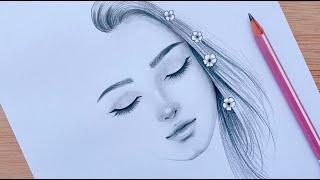 Easy Pencil sketch  How to draw A Girl face with eyes closed - step by step  Drawing Tutorial
