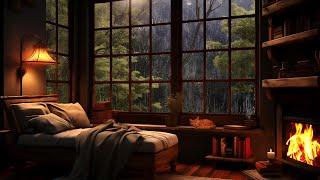 Rain Sounds and Crackling Fireplace in a Cozy Room - Cozy Ambience for Sleep Study Relax