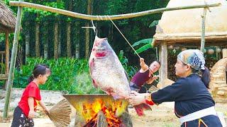 Dwarf Family Catches Giant Fish In The Wild  Cooking Fish In Giant Pan And Renovate The Garden