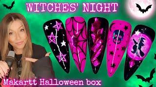 ‍️ Witch Halloween nails  Easy nail art design  Black pink moon skull star cobweb bling  Spooky