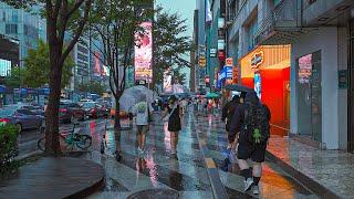 Walk in the Rain Gangnam Street Seoul and Ambience Sounds  Travel Korea 4K HDR