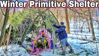 Primitive Survival Shelter - Building Up Base Camp - Winter Camping Rocky Mountains - Day 2