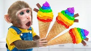 KiKi Monkey discover Rainbow Ice Cream challenge with Ducklings at swimming pool  KUDO ANIMAL KIKI