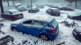 A few minutes ago in Turin Italy Unprecedented hail destroyed thousands of cars