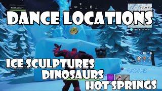 Fortnite Dance Between Locations. Ice Scuptures Dinosaurs and Hot Springs. Season 8 Week 9.