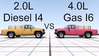 2 Liter Turbo Diesel vs 4 Liter Gas I6 Pull Test BeamNG. Drive