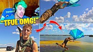 Ninja Reacts To Tfue Default Skin Cosplay and Jumping off Bridge Fortnite in Real Life