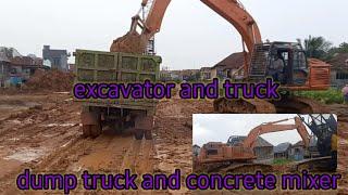 excavator and truck dump truck and concrete mixer