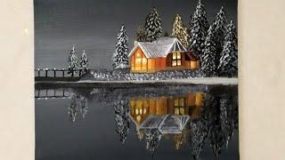 Black & White  Easy  Snowy Winter night Landscape Painting for beginners Acrylic Painting Techniqu