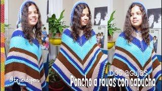 Striped hooded poncho knitted  Tejiendo Peru