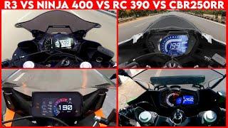 Ninja 400 VS Yamaha R3 VS RC 390 VS CBR250 RR  0 TO 100  TOPSPEED BATTLE 