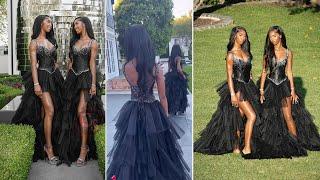 Diddys Daughters DLila & Jessie Pose in Matching Black Bustier Dresses as They Attend Prom
