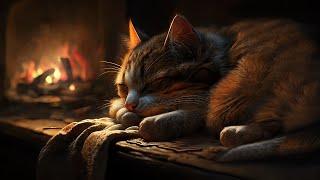 Fall asleep to the Purring of a Cat & Fireplace  Relax in Cozy Winter Hut Fireplace sound
