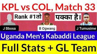 KPL vs COL Dream11 33rd Match Kampala KC vs Colothians Uganda Mens Kabaddi League Season 2 2023