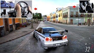 Forza Horizon 5 - Drifting Skyline R34 in City w900° Steering Wheel Setup