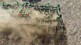 40 Foot Great Plains Terra-max Hybrid Tillage In 20 Inch Corn Stalks DJI Drone Video Footage