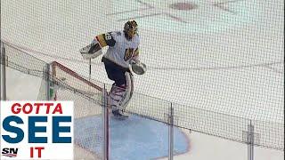 Marc-Andre Fleury Tries to Block Empty Net with Snow But Gets Caught