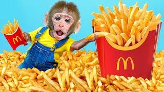 KiKi Monkey perform French Fries Potatoes Fast Food cooking skill to mukbang  KUDO ANIMAL KIKI