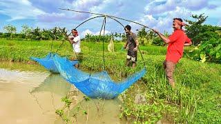 আজ কাকার ঘেরে ছাবি পেতে সম্পূর্ণ নতুন পদ্ধতিতে মাছ ধরলাম Sundarban net fishing