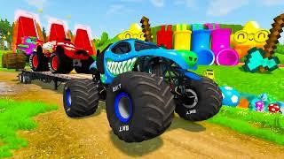 Monster Trucks Potholes Flatbed Long Trailer Truck Car Rescue - Cars vs Deep Water