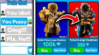 I SCAMMED a SCAMMER and TRADE FUTURE LARGE CLOCKMAN FOR 100k GEMS - Toilet Tower Defense