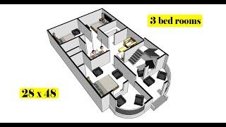 28 x 48 simple house plan design with 3 bed rooms II 28 x 48 ghar ka design II 3 bhk house plan