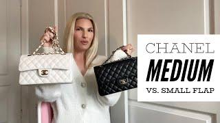 Chanel medium and small flap comparison black vs. white caviar silver vs. gold hardware