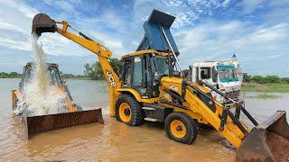 Washing with Fun JCB 3dx Eco  Kirlosker JCB Backhoe and Tata Truck Washing in Village Pond