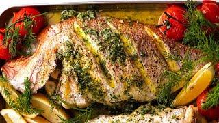 Whole Baked Fish - Herb Stuffed with Garlic Butter Dill Sauce