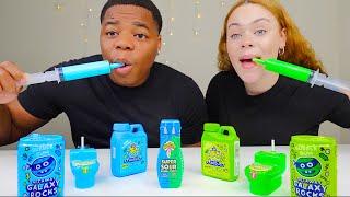 BLUE FOOD VS GREEN FOOD CHALLENGE SUPER SOUR DROPS GALAXY ROCKS GUM POWDER CANDY MUKBANG