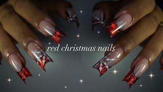 Simple Red Christmas Nails️️acrylic french tip + beginner nail art ASMR