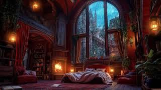 Beautiful Cozy Castle Bedroom with Rain Fireplace and Thunderstorm Sounds to Help You Sleep