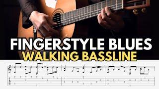 Try this fingerstyle blues exercise with a walking bassline - Ex 015