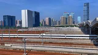 Three CRH trains leave Zhengzhou East Railway Station at the same time    三辆CRH和谐号高铁动车同时驶出郑州东站