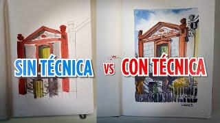 Una ACUARELA sin técnica y la otra con técnica  Antes y Después Dibujo Urbano  Juan Linares 